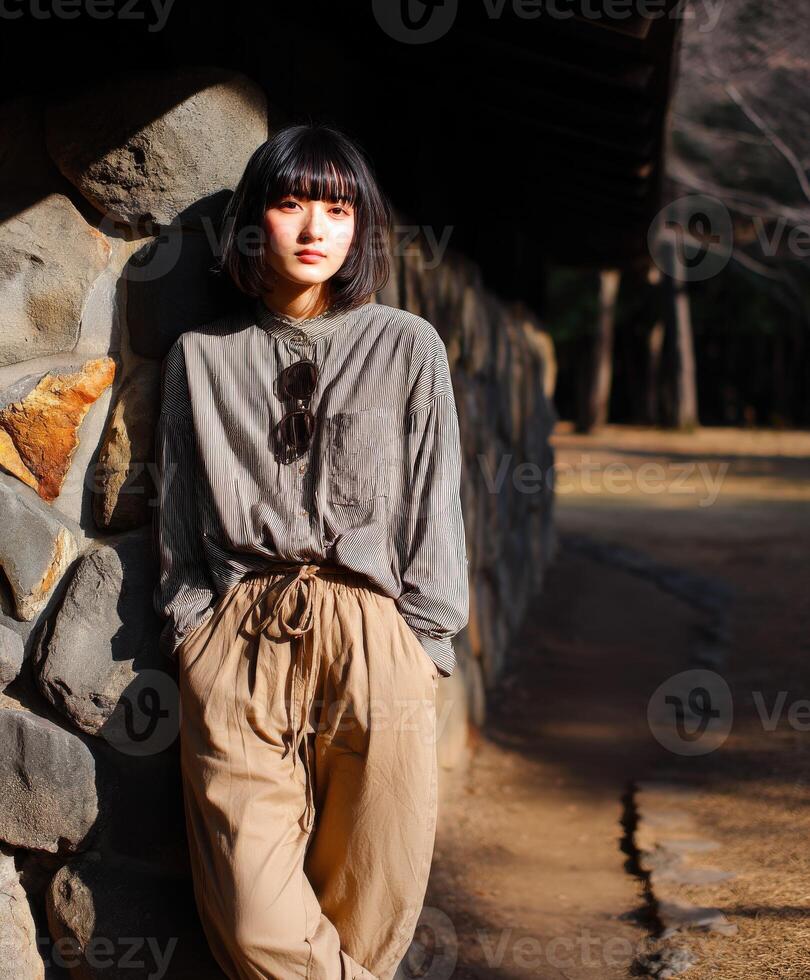 A woman in a gray shirt and tan pants leaning against a stone wall photo