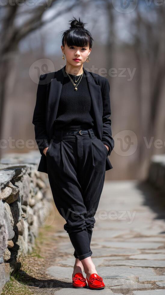 A woman in black suit and red shoes standing on a stone path photo