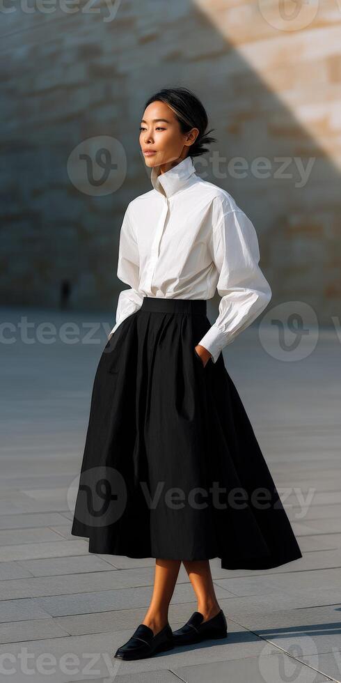 Elegant woman in a stylish outfit walks confidently in urban setting photo