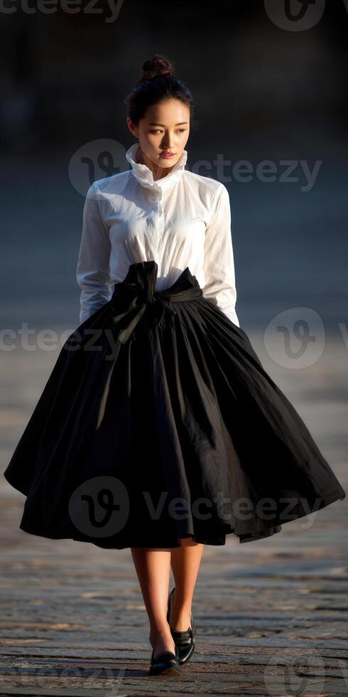 Young woman in elegant white blouse and black skirt walking confidently in a stylish urban setting during golden hour photo