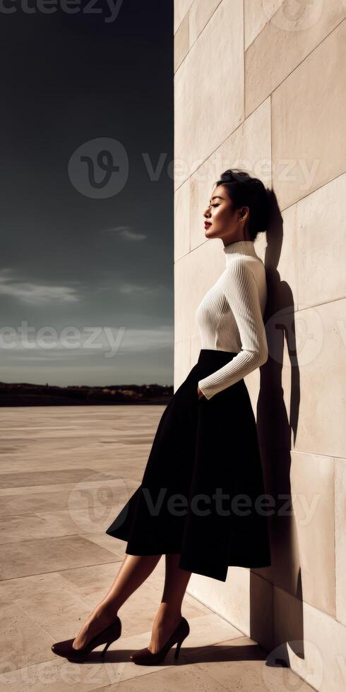 Elegant woman poses against a textured wall in a stylish outfit during daylight photo