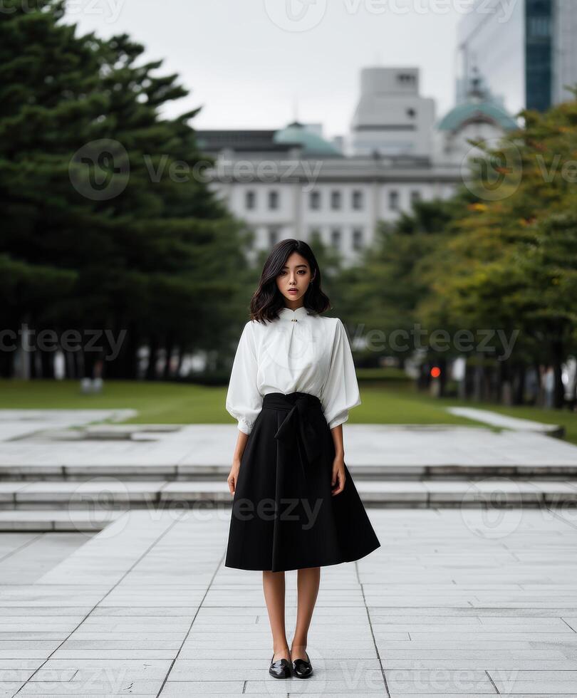 Woman in a white blouse and black skirt standing in a city park on a cloudy day photo