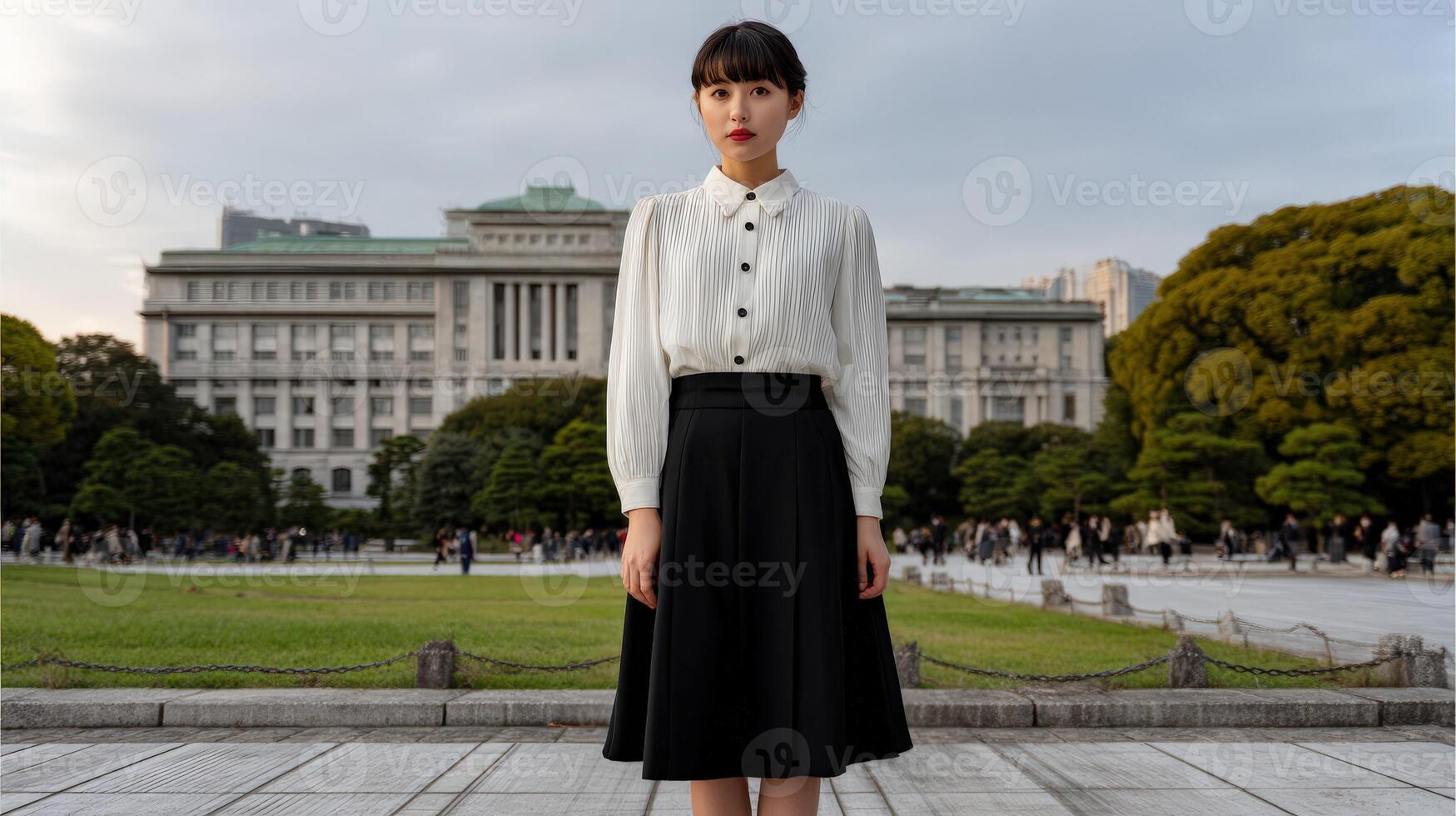 Woman in a black skirt and white blouse stands in a park near a historic building during the evening photo