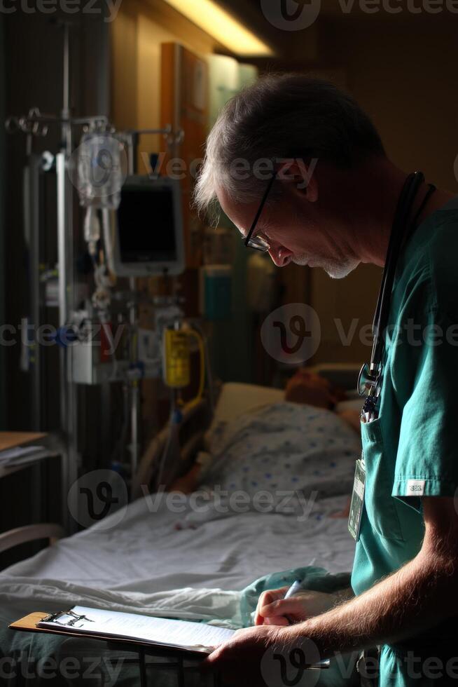 Experienced doctor reviews patient chart in intensive care unit during evening hours photo