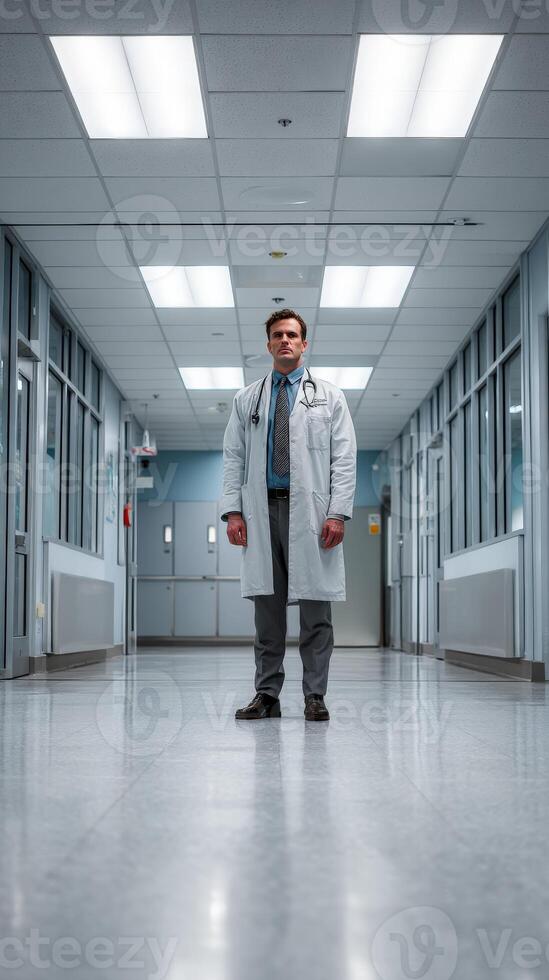 Doctor dressed in white coat stands confidently in hospital corridor during daytime photo