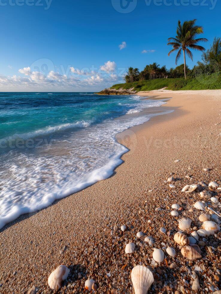 Waves gently crash on a sandy beach with shells under a clear sky photo