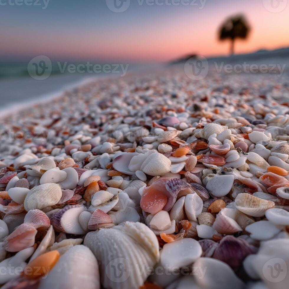 Beautiful collection of seashells on the beach at sunset near palm trees photo