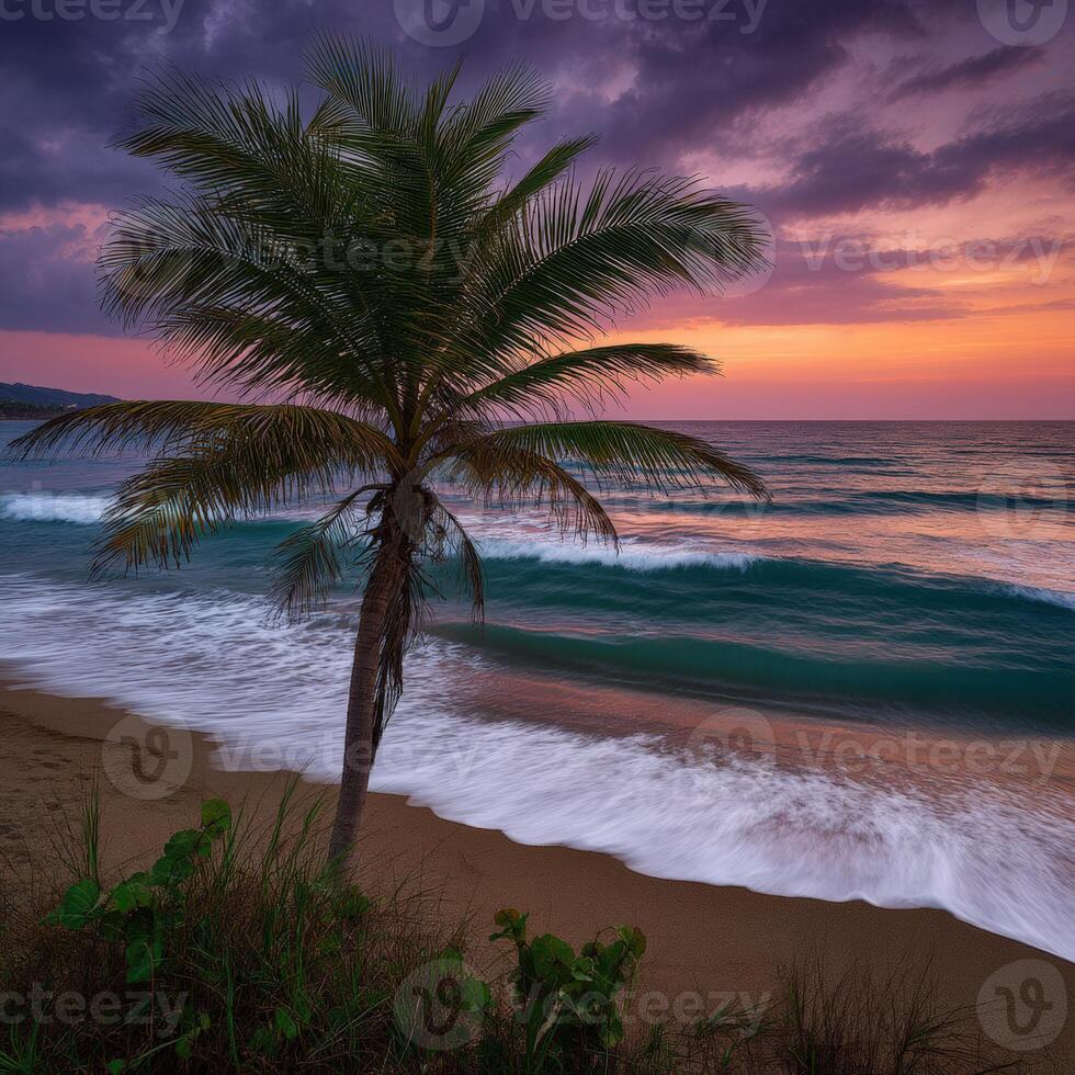 Serenity of a tropical beach at sunset with gentle ocean waves photo