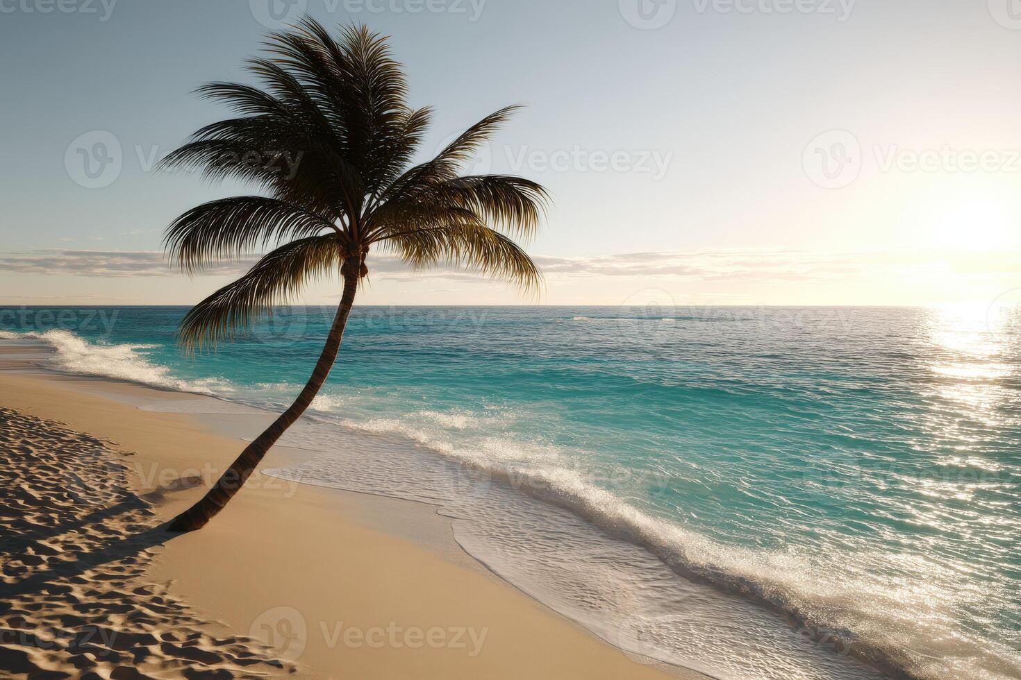 Tranquil tropical beach with palm tree swaying in gentle breeze near ocean at sunset photo