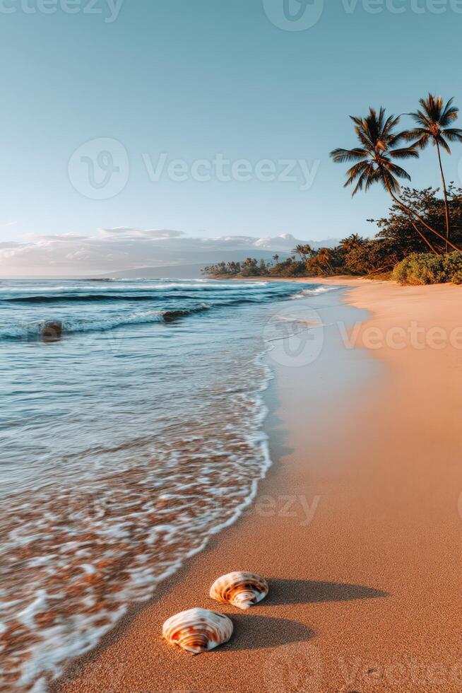 Beautiful beach with seashells on the sand during sunset near palm trees photo