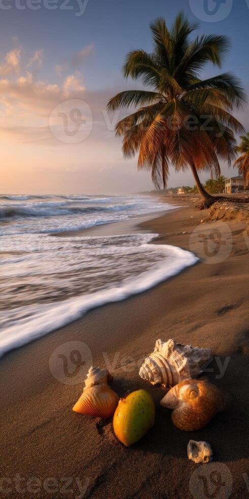Beautiful beach at sunset with shells and palm trees along the shore photo