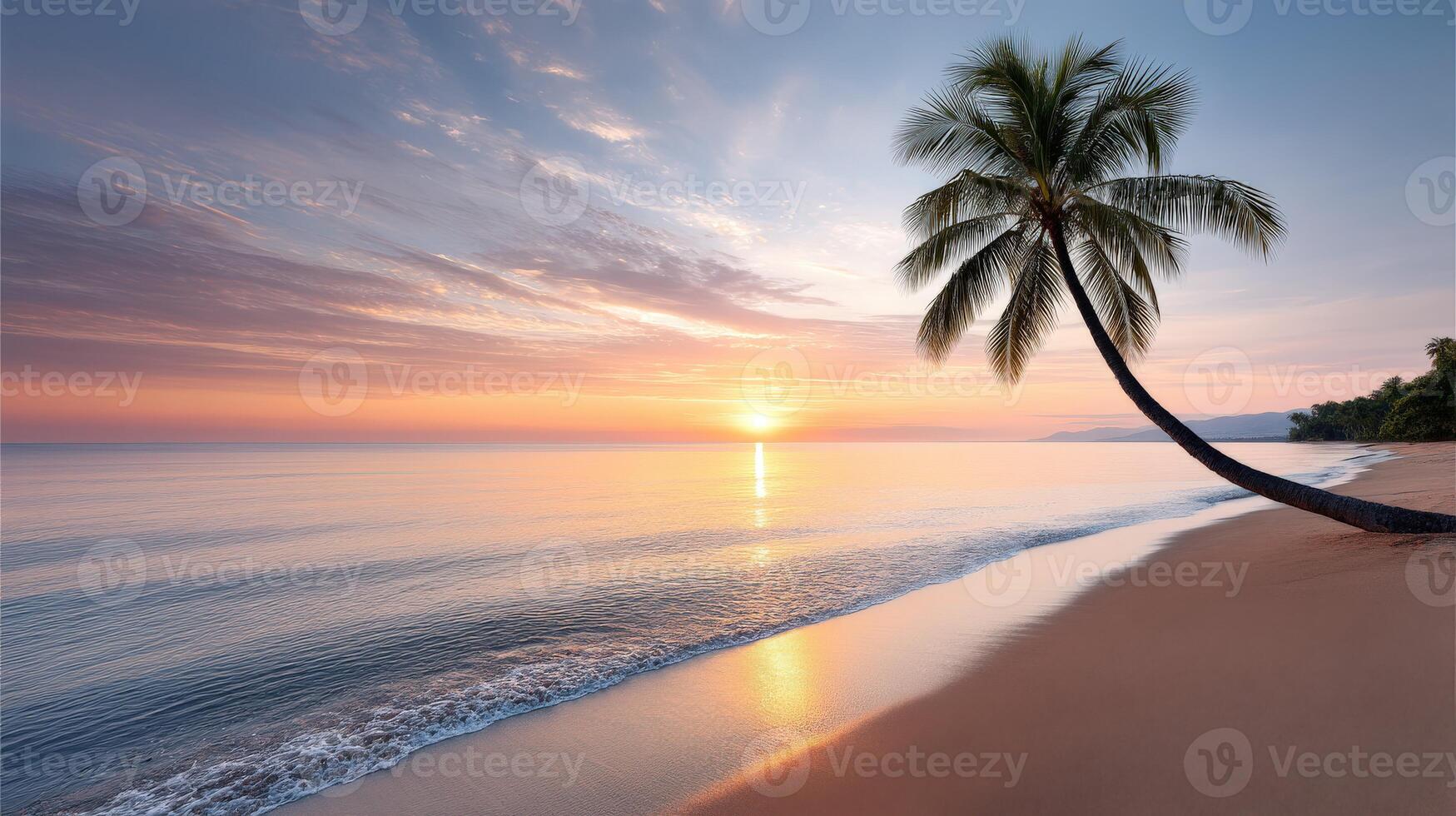 Stunning sunset over calm ocean with palm tree on serene beach photo