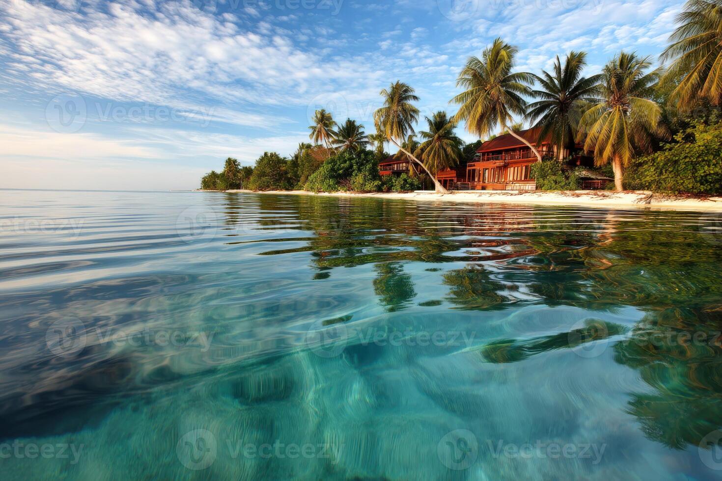 Tranquil beach view with clear blue waters and palm trees under a sunny sky photo