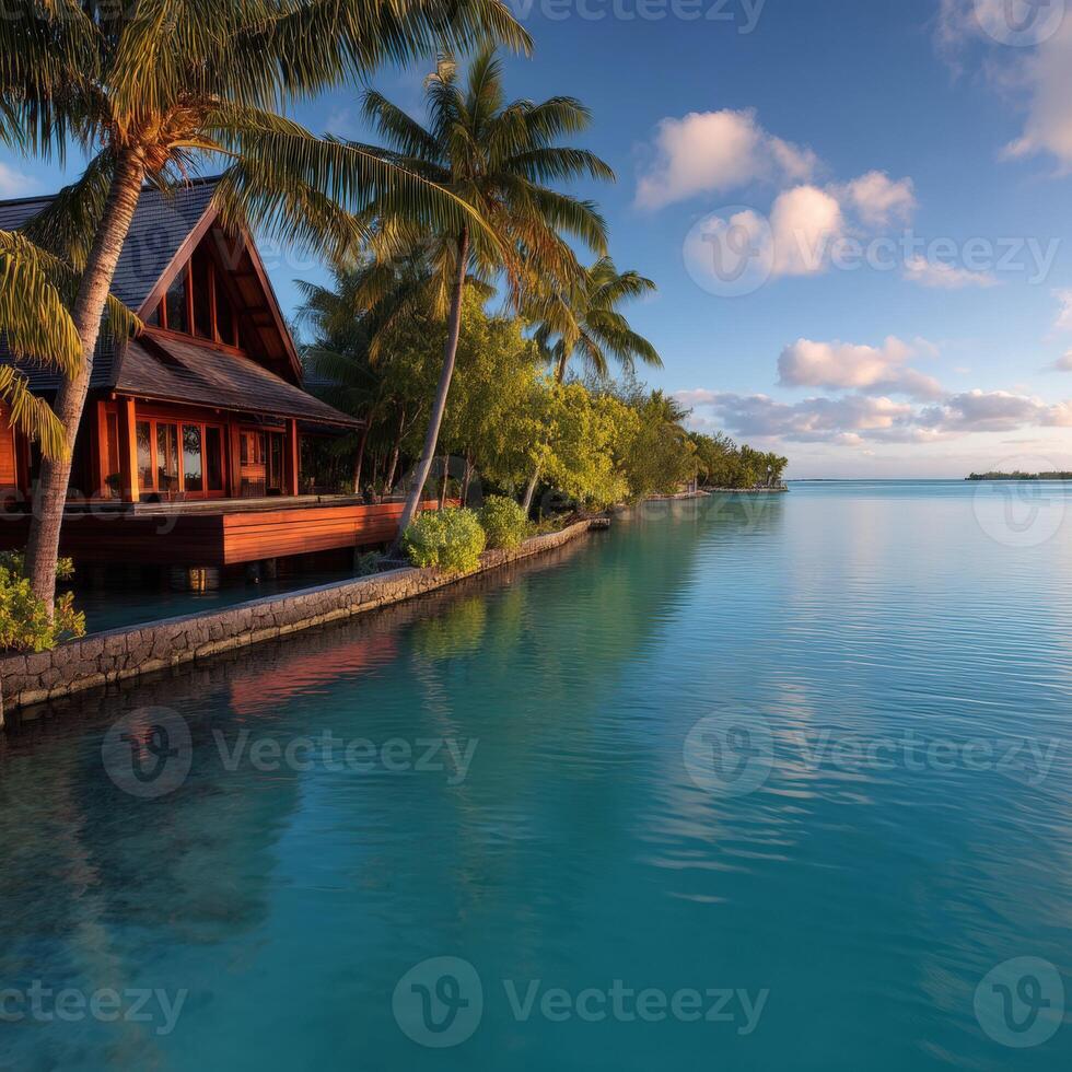Serene waterfront villa surrounded by palm trees under a clear sky photo