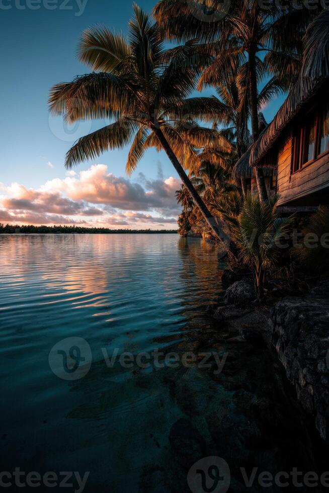 Tranquil evening by the water with palm trees in a tropical paradise photo
