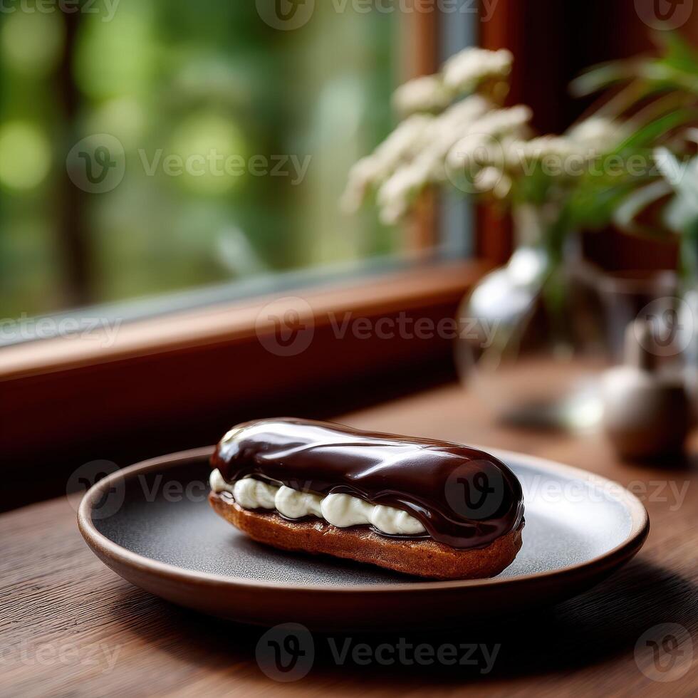 Freshly made eclair with chocolate glaze on a wooden table by a window filled with natural light photo