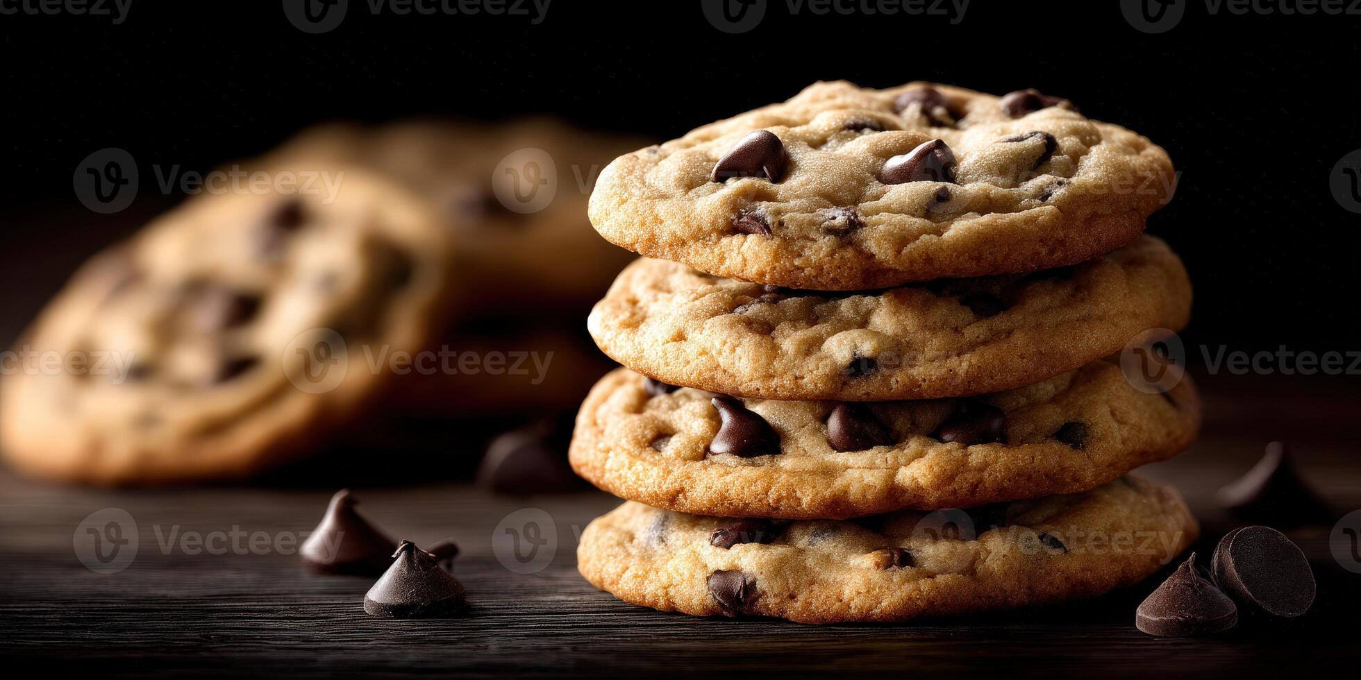 Chocolate chip cookies stacked on a rustic wooden surface in a dimly lit setting photo