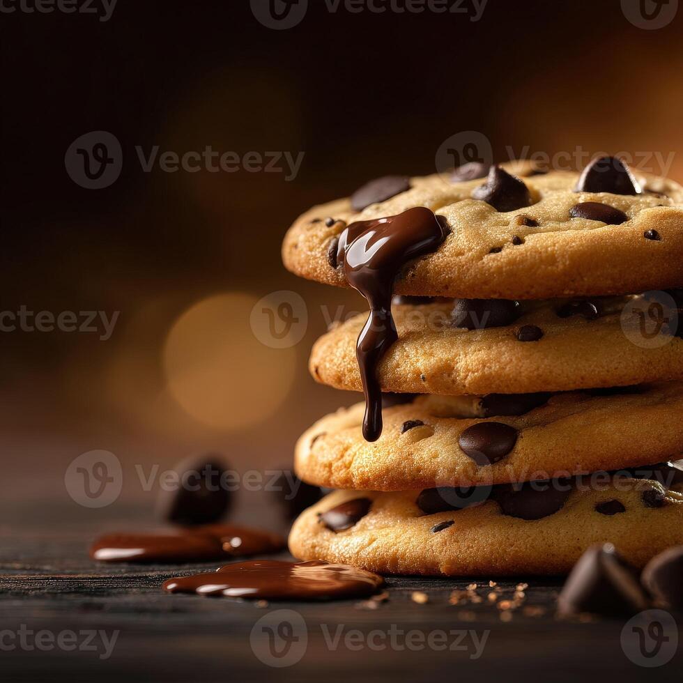 Delicious homemade chocolate chip cookies stacked on a wooden table with melted chocolate photo