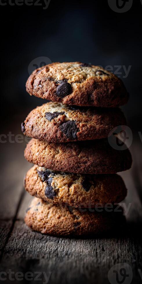 Delicious stacked cookies on a rustic wooden table in warm lighting photo