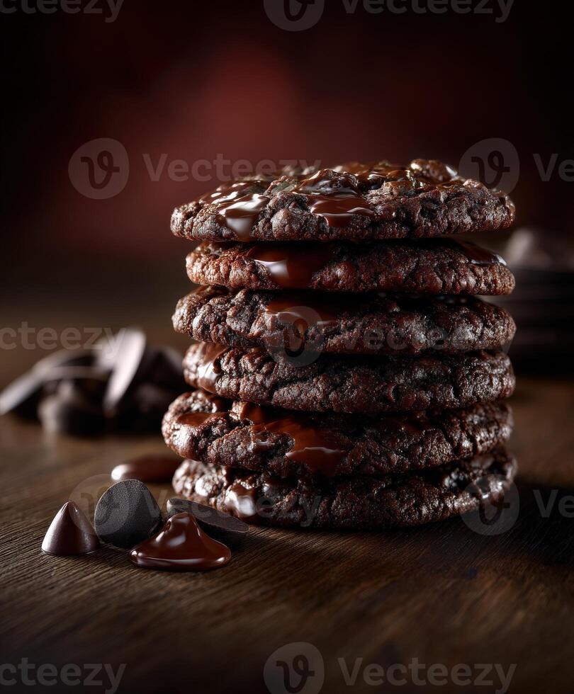 Delicious stacked chocolate cookies with melted chocolate drizzle on a wooden surface photo