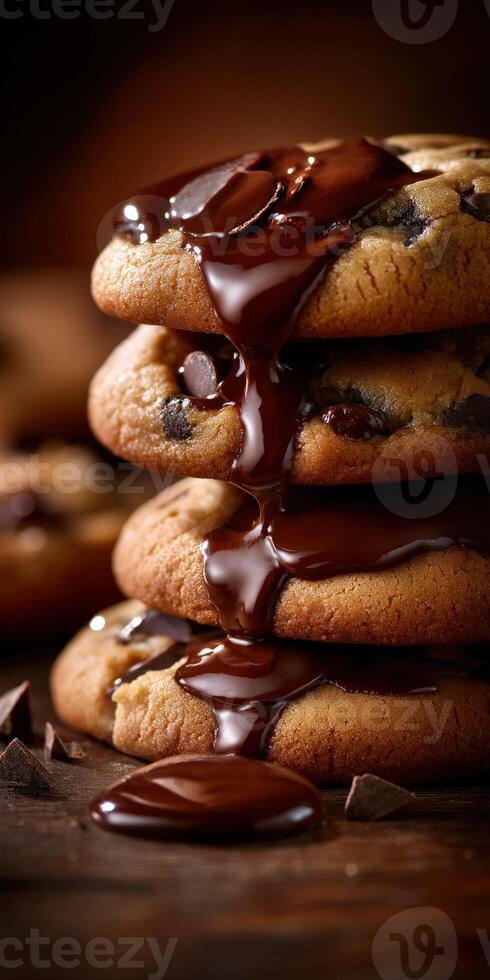 Chocolate chip cookies stacked with melted chocolate drizzling down photo