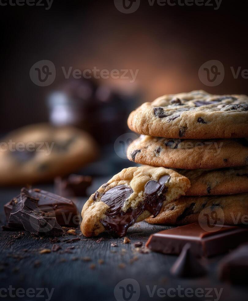Warm chocolate chip cookies stacked with melted chocolate pieces on a wooden table photo
