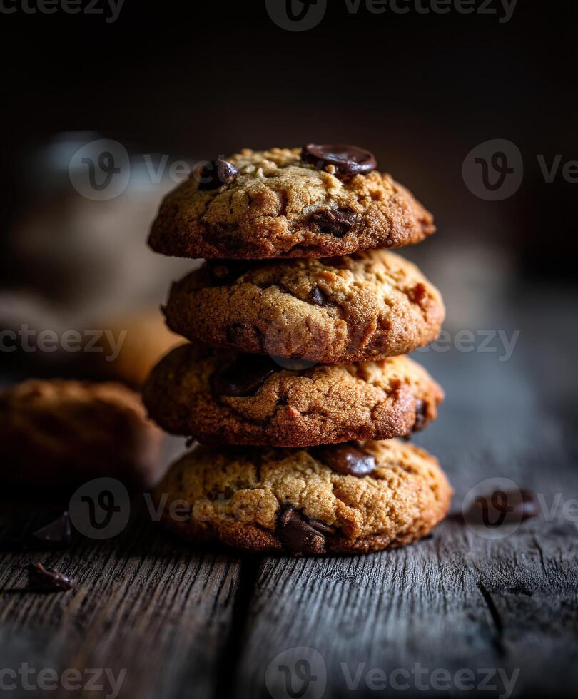Delicious chocolate chip cookies stacked on a rustic wooden table photo
