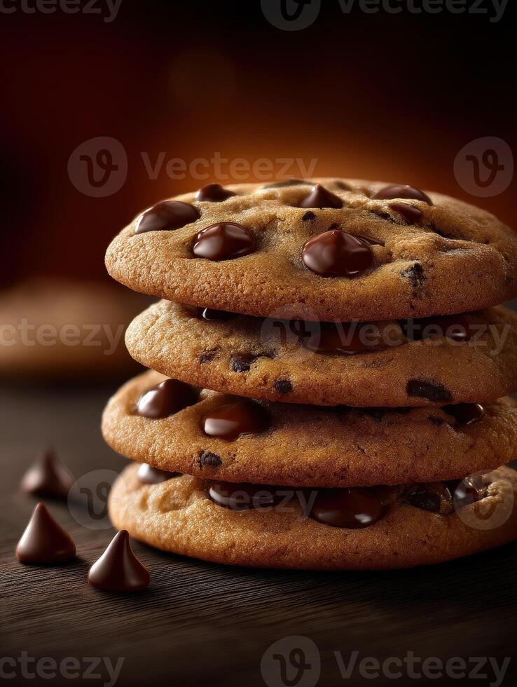 Delicious chocolate chip cookies stacked on a wooden table with a warm backdrop photo