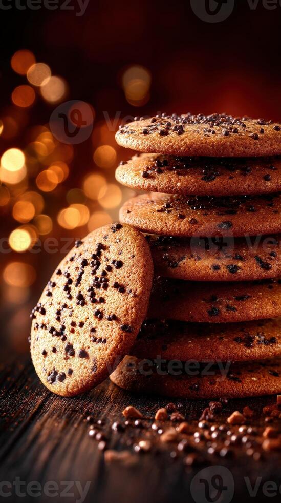 Stacked chocolate chip cookies on a rustic wooden table with warm bokeh lights photo