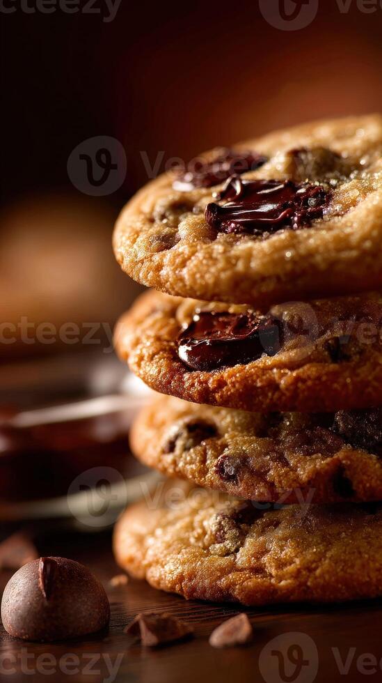 Chocolate chip cookies stacked on a wooden table with warm lighting photo