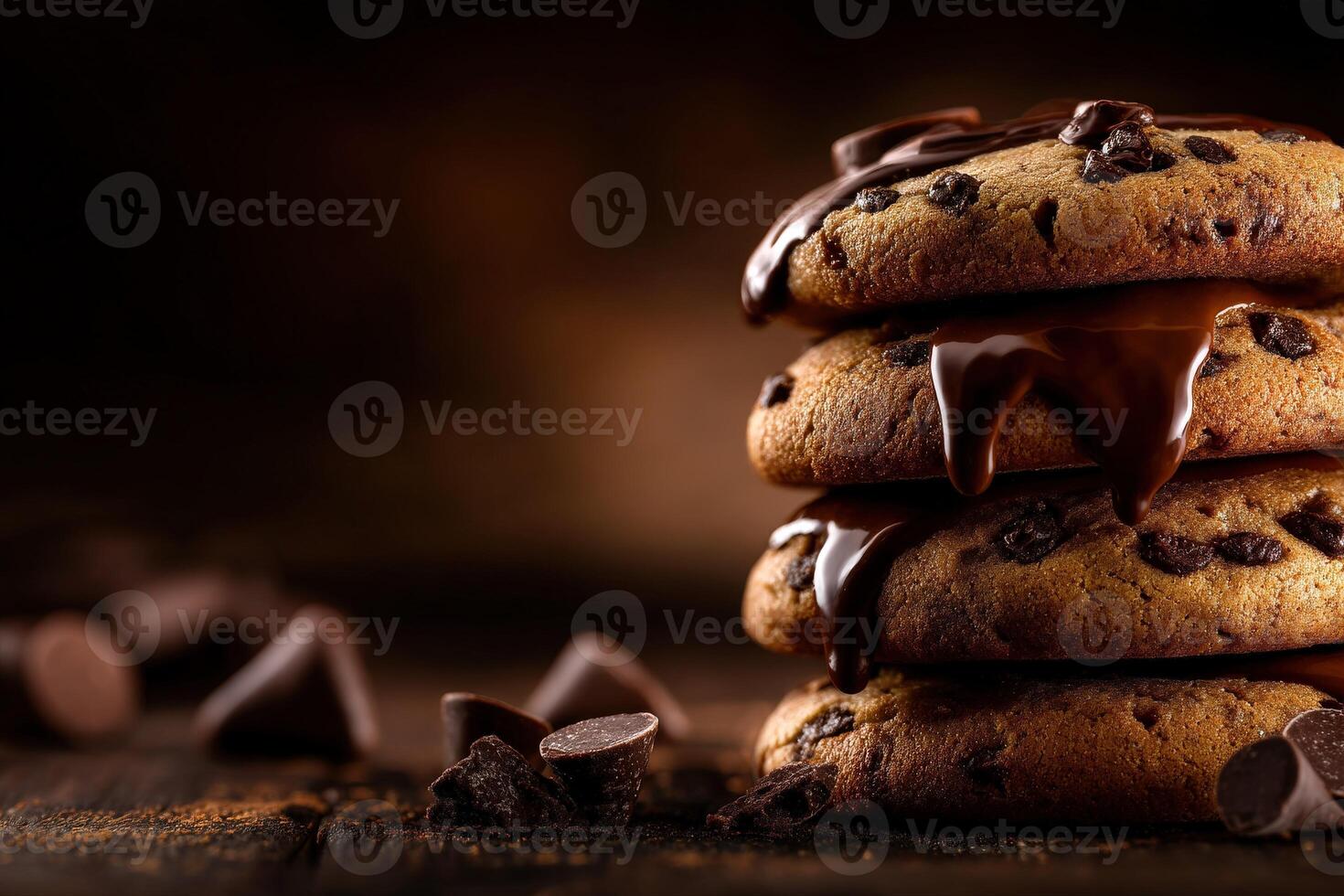 Delicious stack of warm chocolate chip cookies with melted chocolate drizzle photo