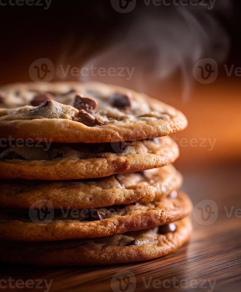 A stack of chocolate chip cookies with smoke coming out of them photo
