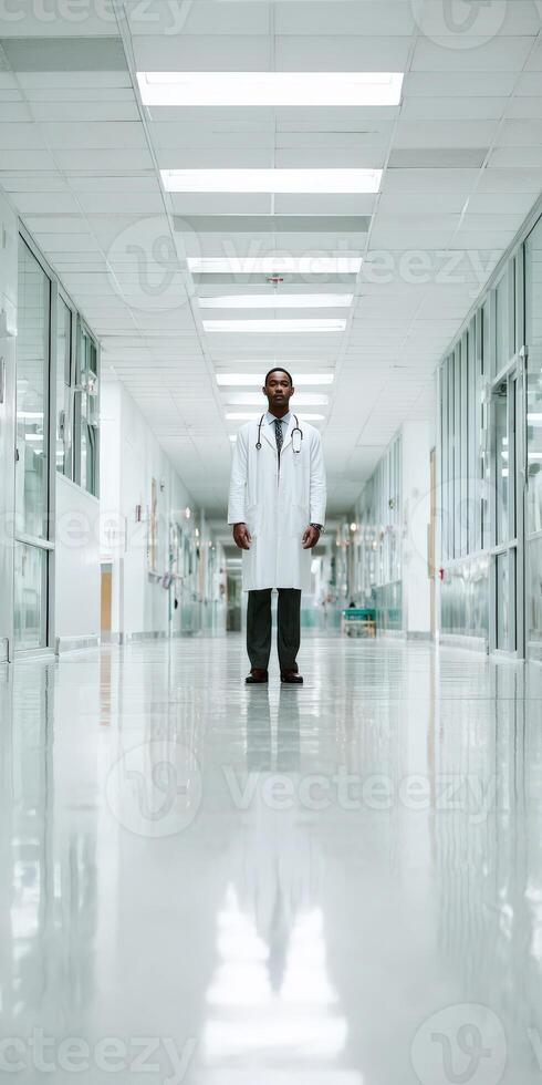 Medical professional stands confidently in an empty hospital corridor photo