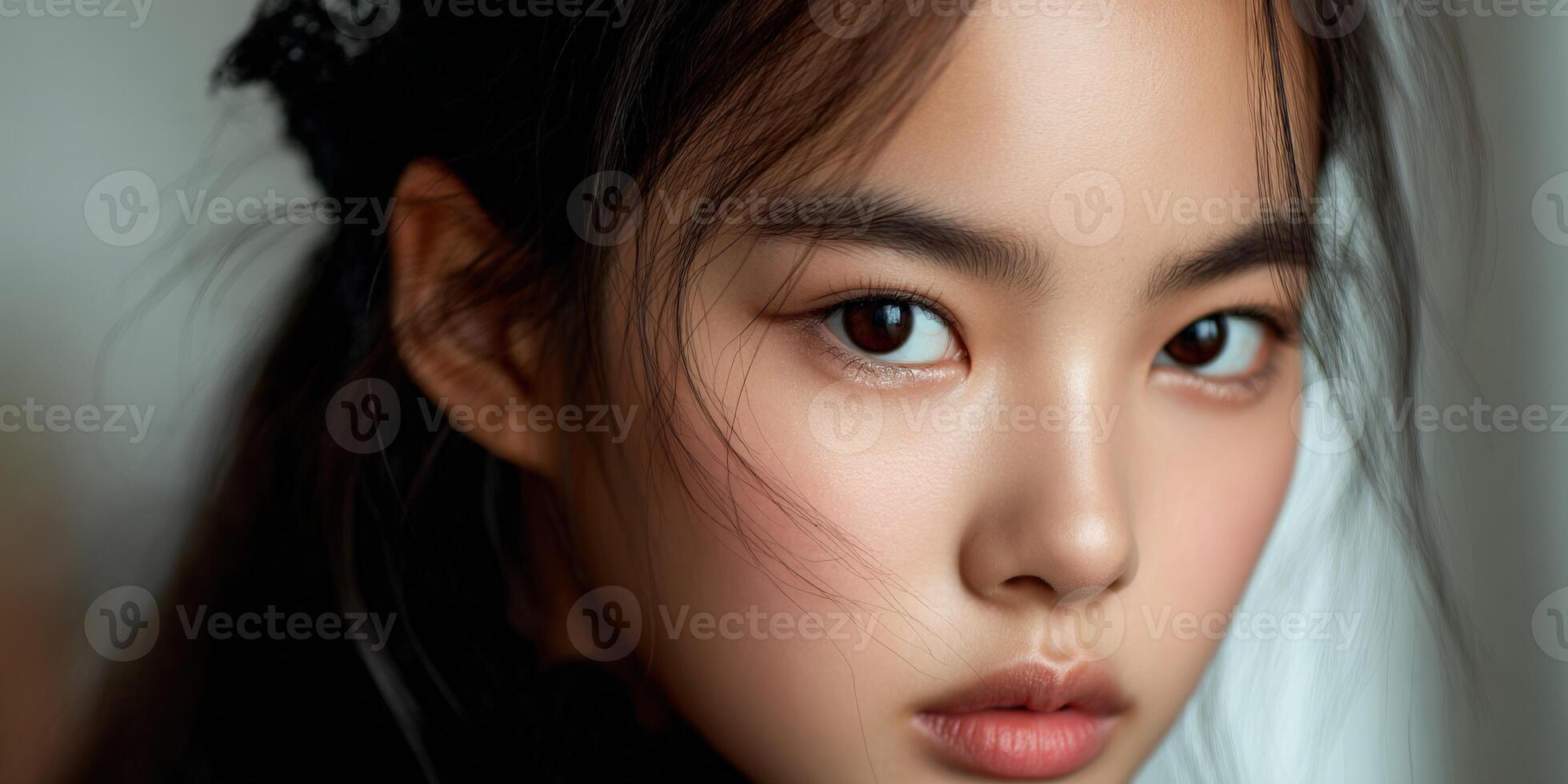 Captivating close-up portrait of a young woman with striking features photo