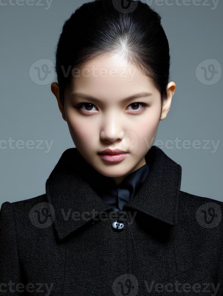 Model poses elegantly in a dark coat against a neutral background photo