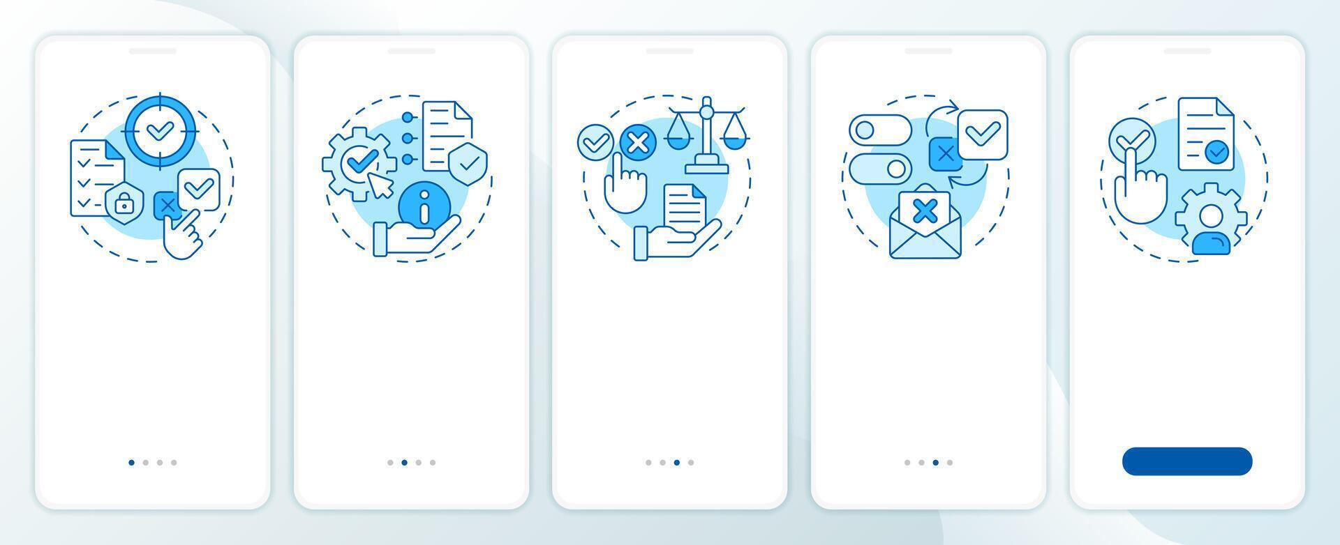 GDPR consent principles blue onboarding mobile app screen. Privacy. Walkthrough 5 steps editable graphic instructions with linear concepts. UI, UX, GUI vector