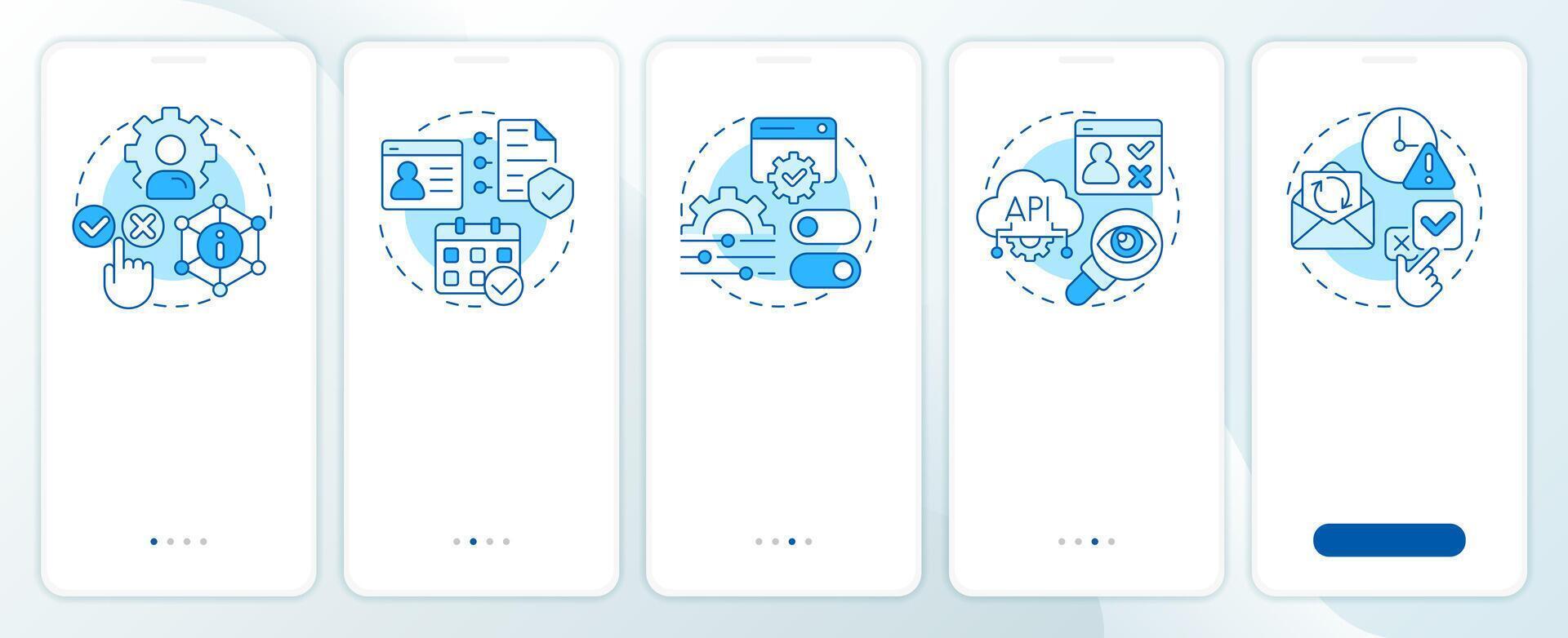 Consent lifecycle management blue onboarding mobile app screen. Data. Walkthrough 5 steps editable graphic instructions with linear concepts. UI, UX, GUI vector
