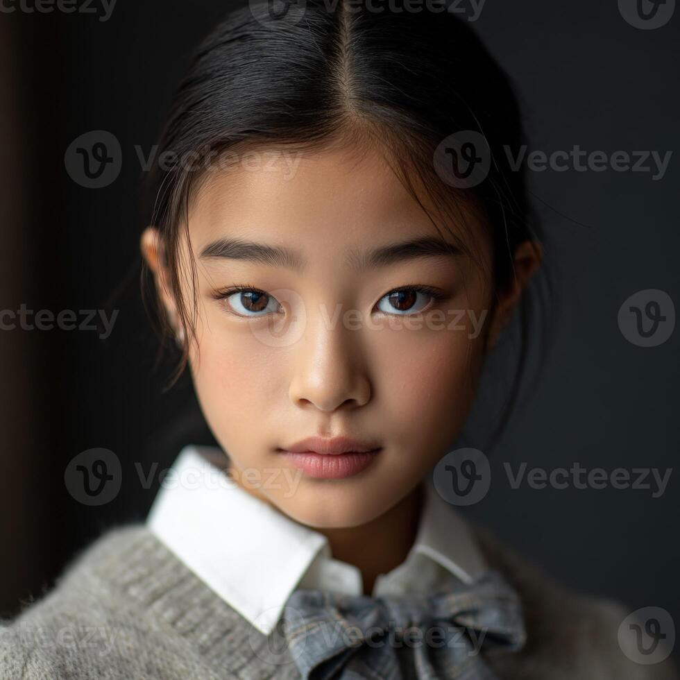 Young girl in sweater and bow tie with soft expression in indoor setting photo