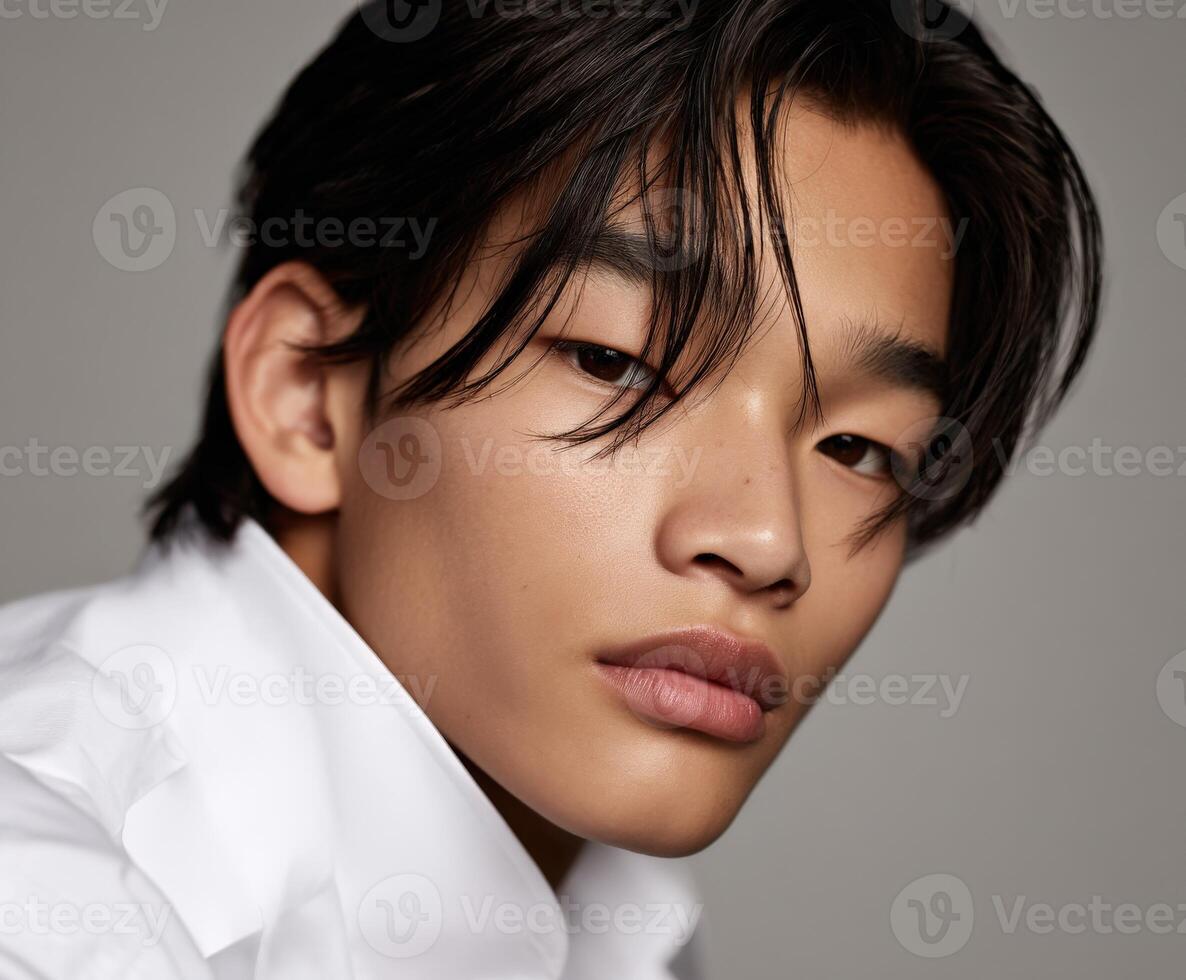Young man poses with confidence in a stylish outfit while showcasing his expression photo