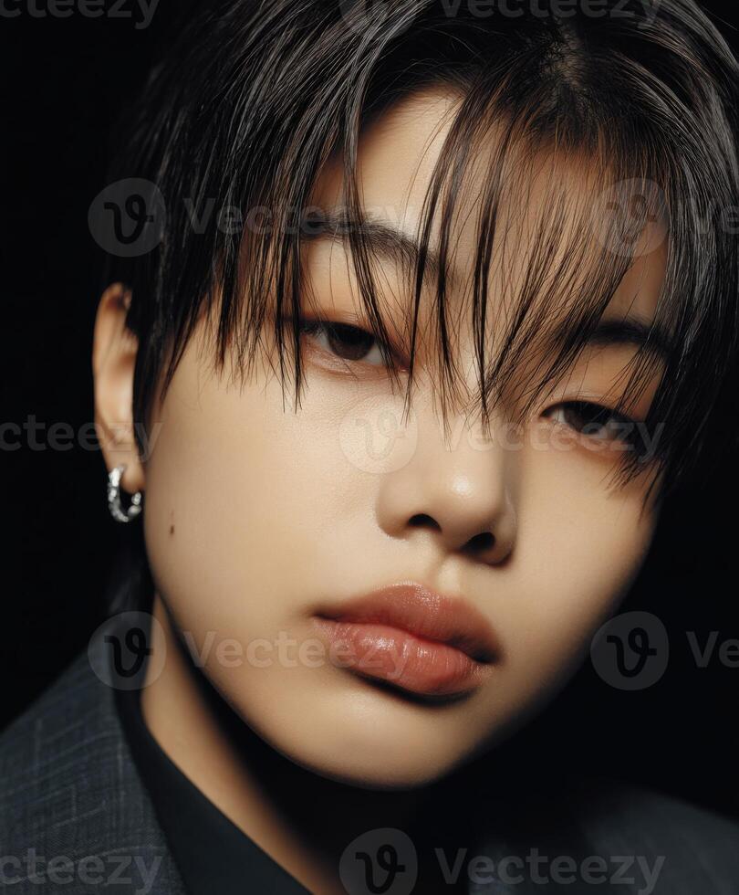 Portrait of a young individual with stylish hairstyle and subtle expression photo