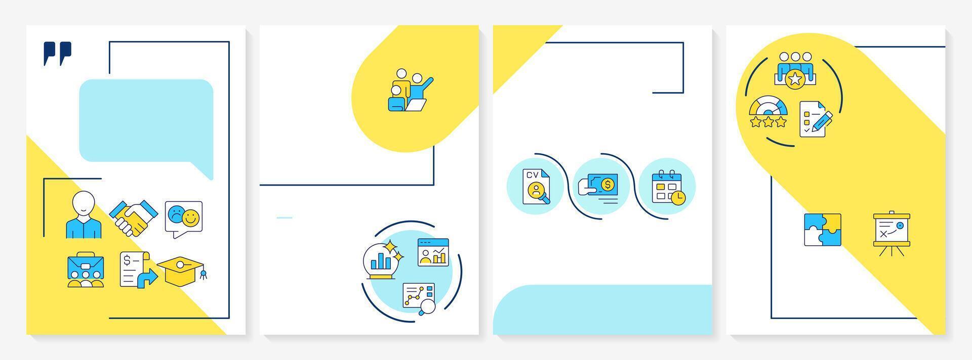 Workforce analytics blue and yellow brochure layout. HR management strategy. Employees data. Leaflet advertising design with color line icons. Editable 4 pages vector
