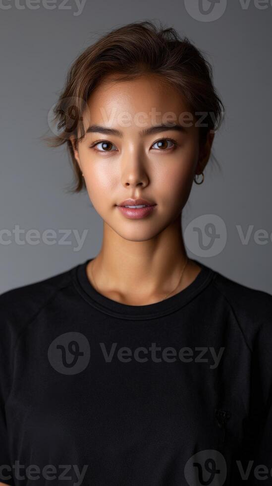 A young woman with short hair and a natural look stands against a grey backdrop photo