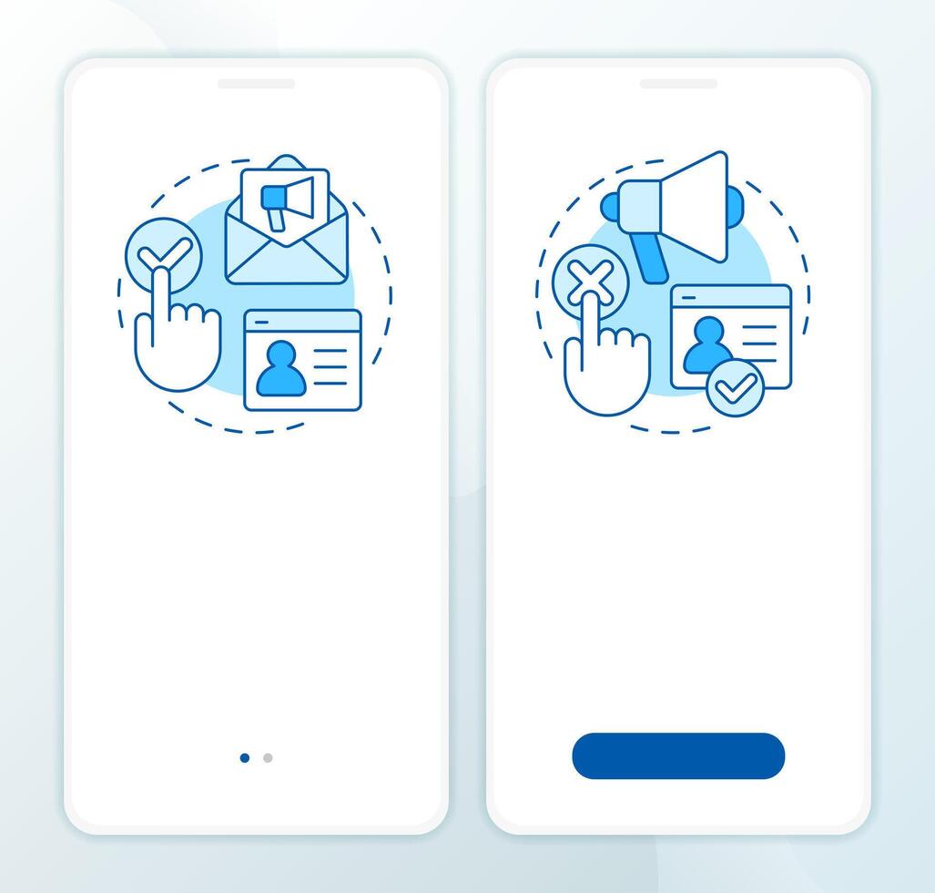 Consent models blue onboarding mobile app screen. Customer data access. Walkthrough 2 steps editable graphic instructions with linear concepts. UI, UX, GUI vector