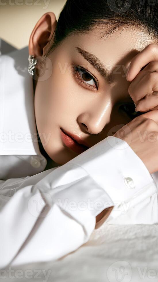 Close-up of a person resting on a surface with striking makeup and elegant style photo