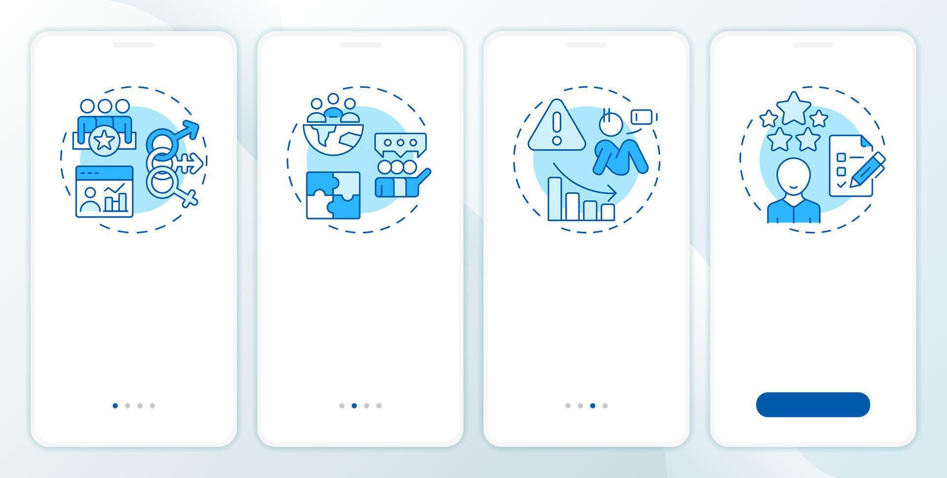 Workforce insights blue onboarding mobile app screen. HR analytics. Walkthrough 4 steps editable graphic instructions with linear concepts. UI, UX, GUI vector