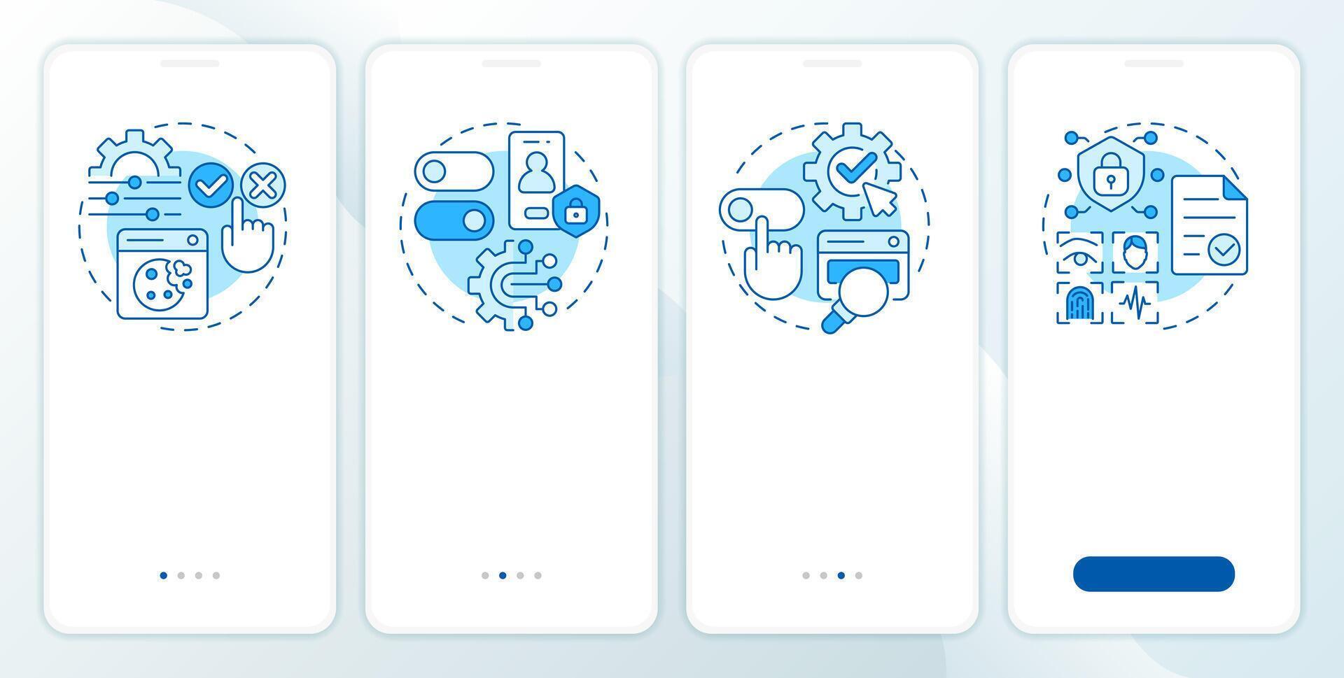 Examples of consent management blue onboarding mobile app screen. Walkthrough 4 steps editable graphic instructions with linear concepts. UI, UX, GUI vector