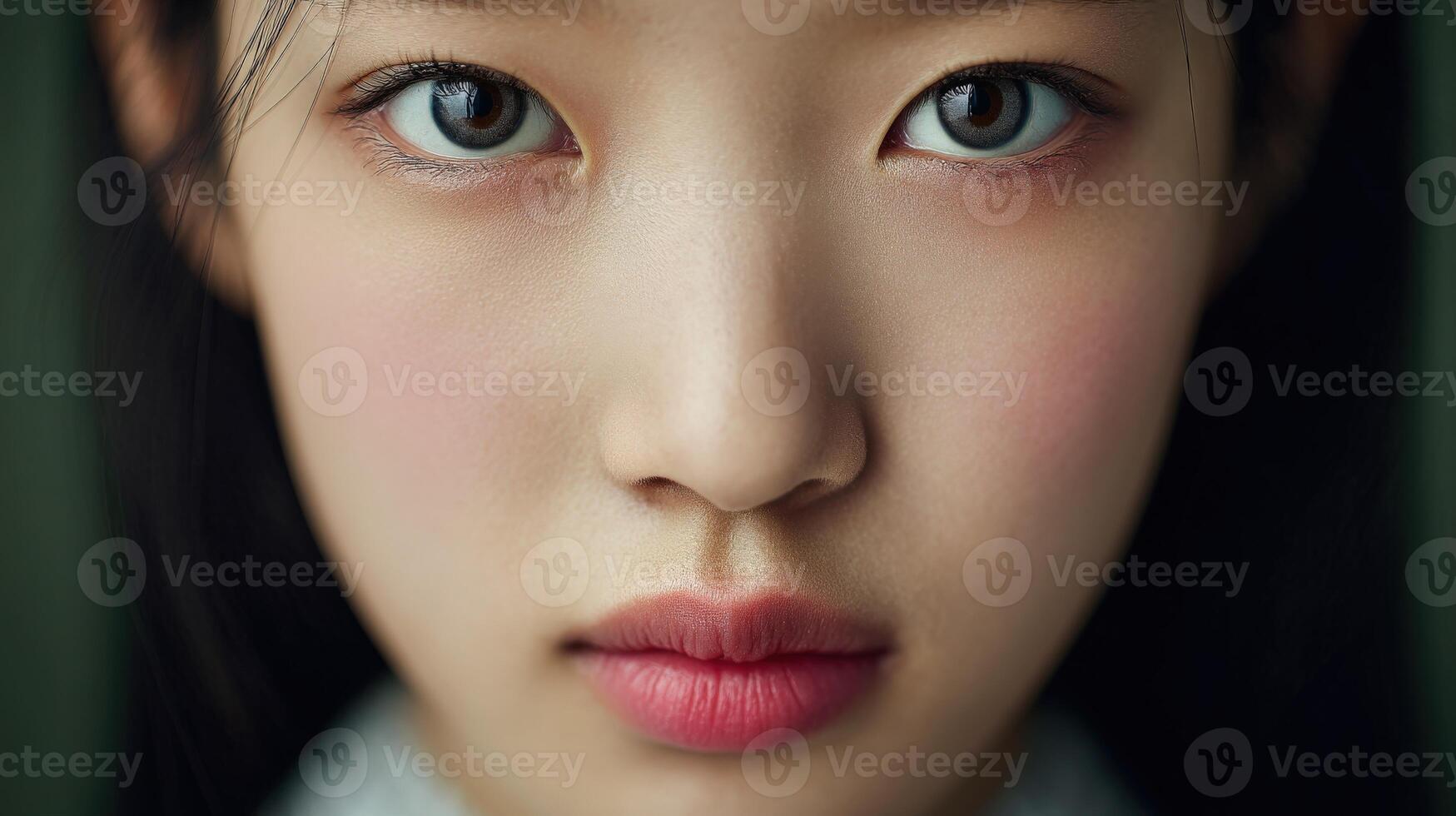 Intense gaze of a young girl with striking features in soft lighting photo