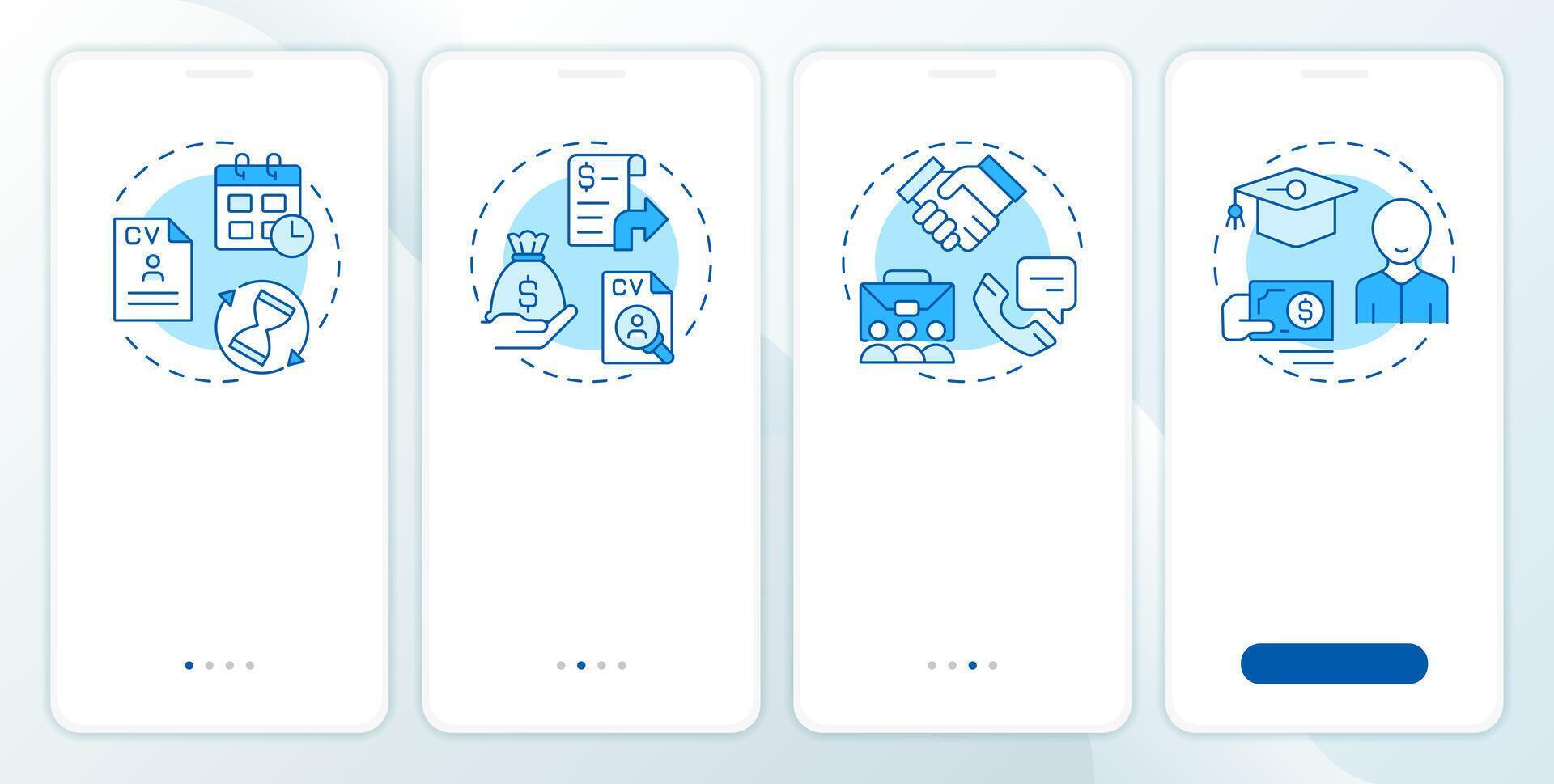 Hiring metrics blue onboarding mobile app screen. Employment analytics. Walkthrough 4 steps editable graphic instructions with linear concepts. UI, UX, GUI vector