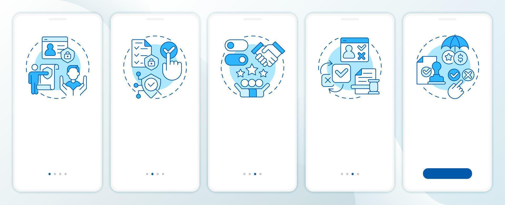 Benefits of consent management blue onboarding mobile app screen. Walkthrough 5 steps editable graphic instructions with linear concepts. UI, UX, GUI vector