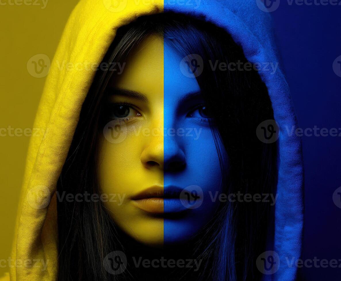 Youthful face half illuminated in yellow and blue tones with a hooded sweatshirt photo